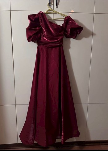 Bordo Drapeli Uzun Abiye Elbise - Görsel 2