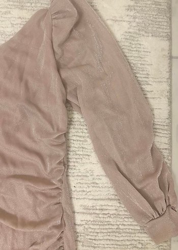 Tek Omuz Drapeli Bej Midi Abiye Elbise - Görsel 3