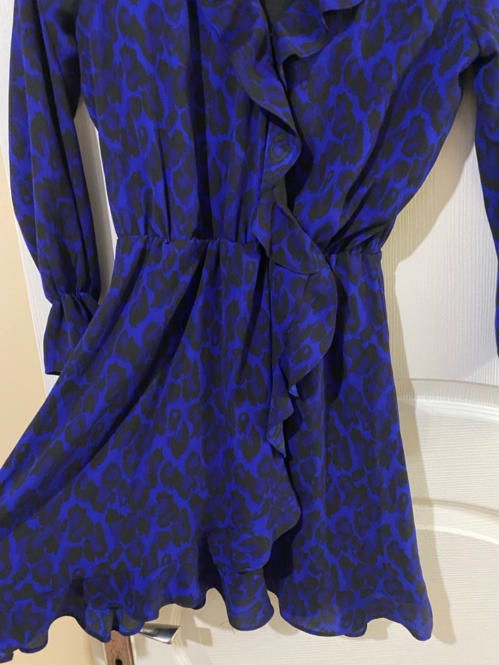 Mavi Yılan Desenli Fırfırlı Mini Elbise - Görsel 2