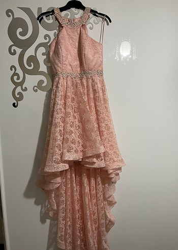 Pembe Dantel İşlemeli Uzun Abiye Elbise - Görsel 3