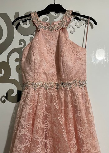 Pembe Dantel İşlemeli Uzun Abiye Elbise - Görsel 4