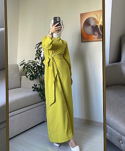 Belden bağlamalı yağ yeşili elbise