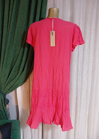xl Beden pembe Renk Pembe Nakışlı Fırfırlı Mini Bohem Elbise