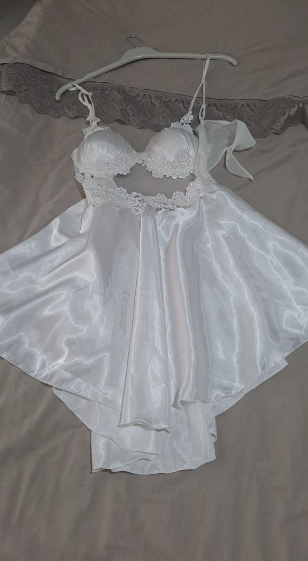 Beyaz İpek Görünümlü Mini Güpürlü Gecelik - Görsel 4