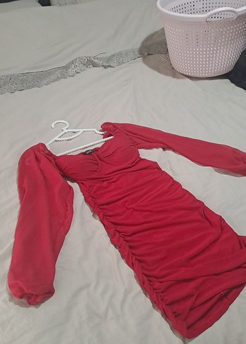 Kırmızı Drapeli Uzun Kollu Midi Elbise - Görsel 3