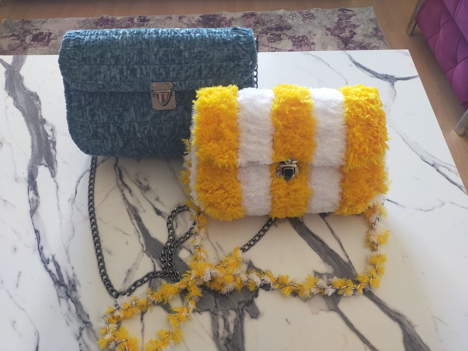 Sarı Beyaz Örgü Bohem Çanta - Görsel 3