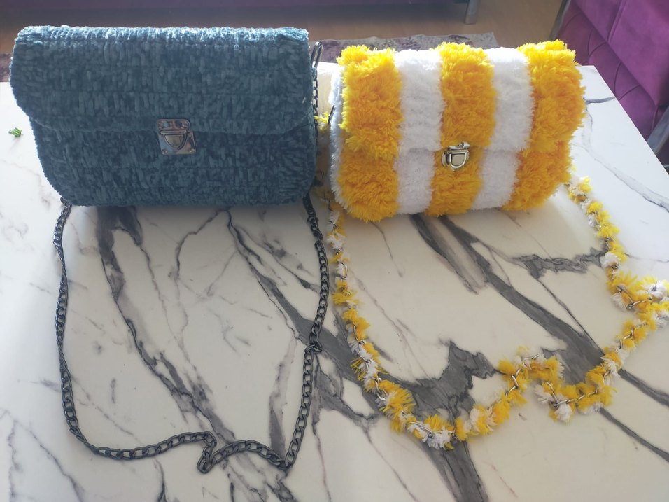 Sarı Beyaz Örgü Bohem Çanta - Görsel 2