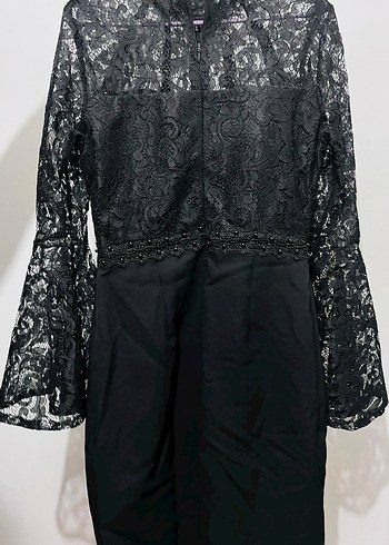 Dantel Detaylı Siyah Midi Elbise - Görsel 5