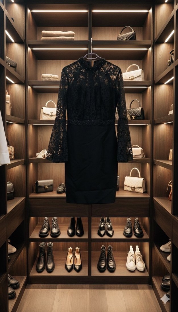 Dantel Detaylı Siyah Midi Elbise - Görsel 3