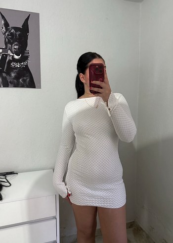 Beyaz Uzun Kollu Triko Mini Elbise