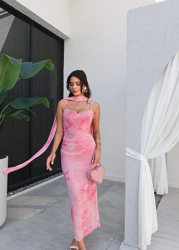 Pembe Drapeli Uzun İnce Kadın Elbise
