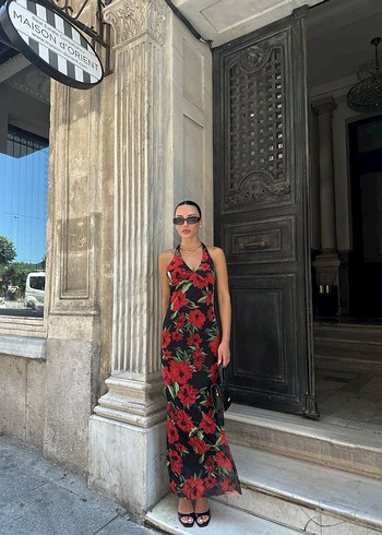 l Beden Sarı V Yaka Uzun İpek Elbise