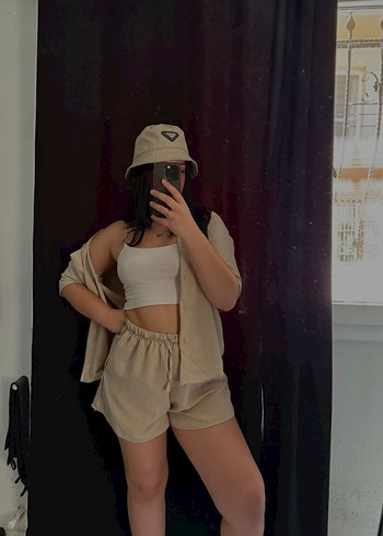 Zara Bej Keten Kadın Mini Şort İKİLİ TAKIM