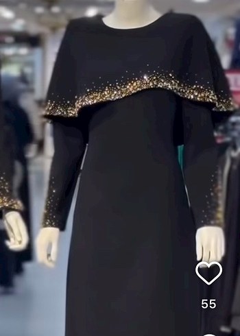 Uzun Kollu, İşlemeli Siyah Abiye Elbise - Görsel 4