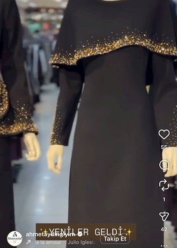 Uzun Kollu, İşlemeli Siyah Abiye Elbise - Görsel 3