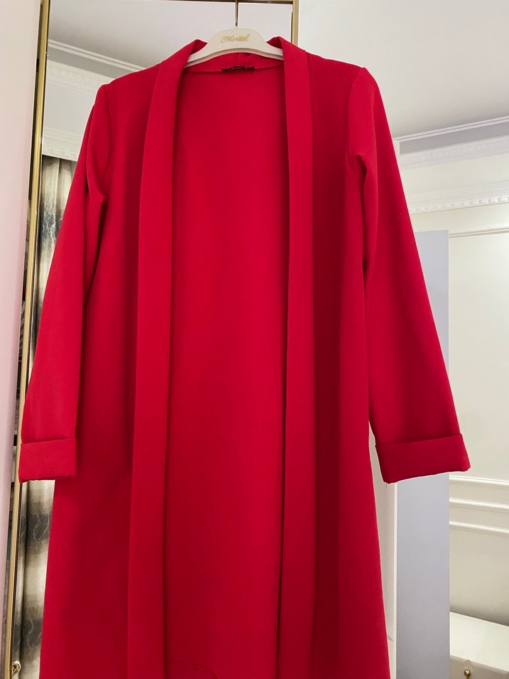 Klasik Kırmızı Uzun Kadın çeket - Görsel 2