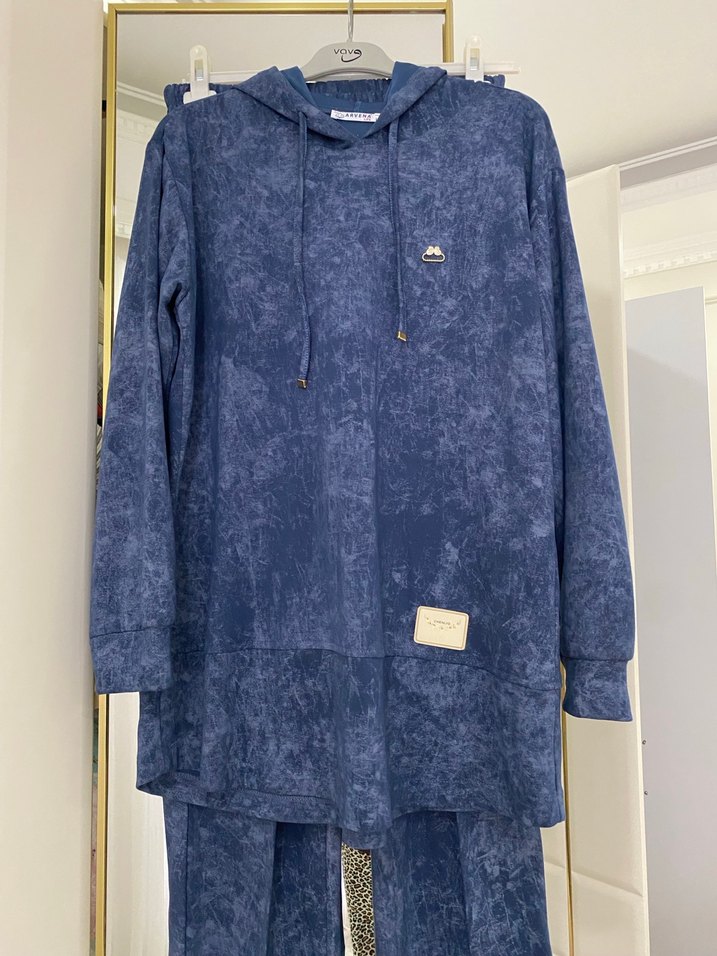 Kadın Mavi Batik Desenli Uzun Kapüşonlu Takım - Görsel 2