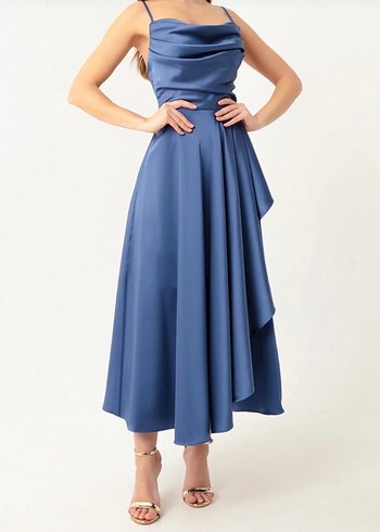 Lacivert Drapeli Uzun Abiye Elbise - Görsel 5