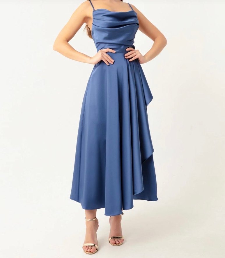 Lacivert Drapeli Uzun Abiye Elbise - Görsel 5