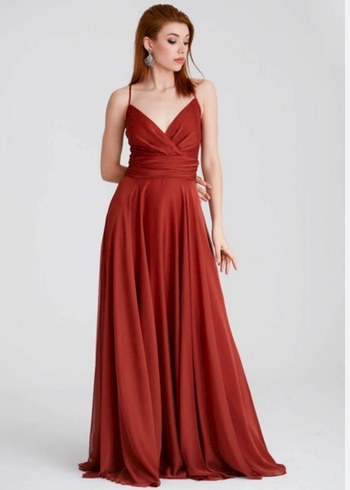 Keremit rengi Uzun Abiye Elbise - Görsel 3