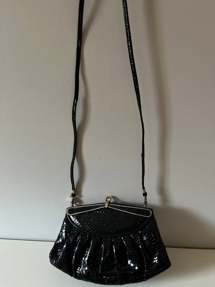 Vintage Siyah Yılan Derisi  Deri Çanta - Görsel 3