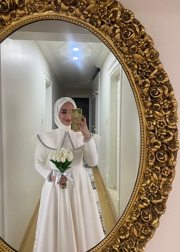 Diğer Uzun Kollu Beyaz Mini Gelinlik