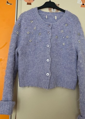 Nakışlı Gri Düğmeli Kadın Hırka - Görsel 2