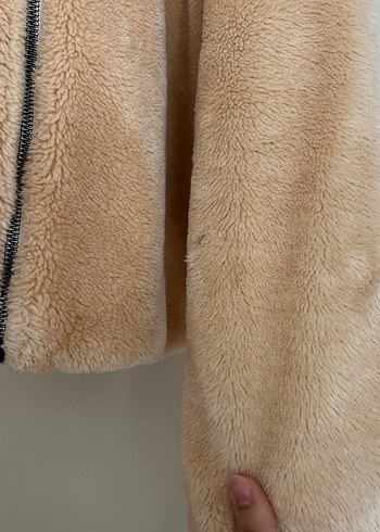 Bej Kadın Peluş Kapüşonlu Ceket - Görsel 4