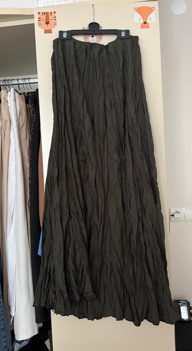 Kadın Haki Uzun Keten Etek - Görsel 3