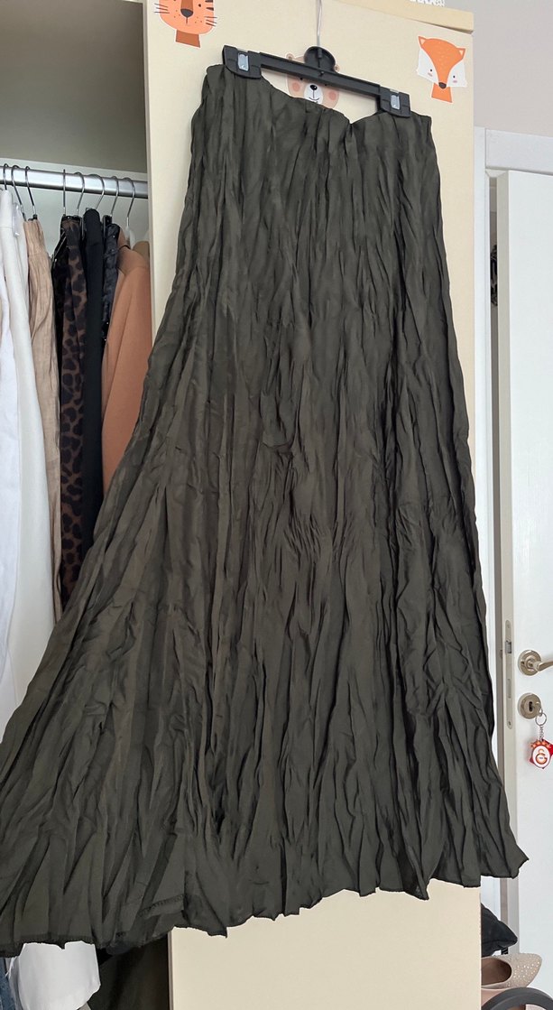 Kadın Haki Uzun Keten Etek - Görsel 2