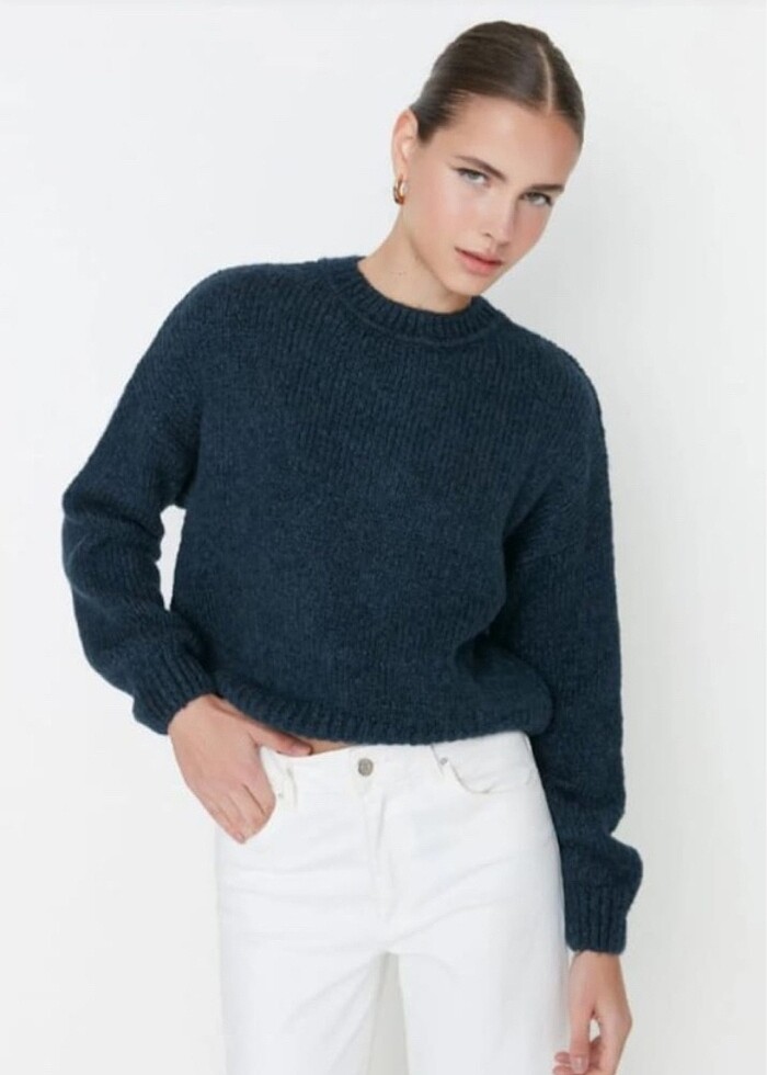 Petrol mavisi örgü kazak - Görsel 3