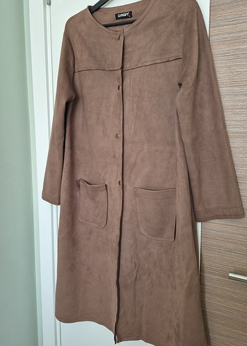 Düğmeli Bej Uzun Süet Kadın Kaban - Görsel 2