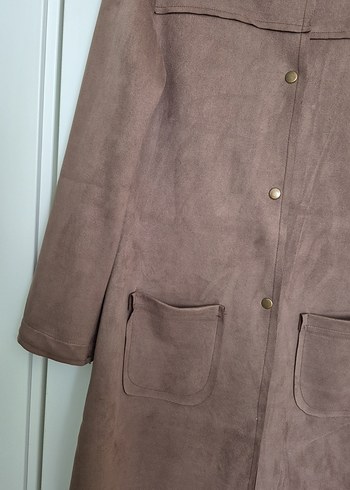 Düğmeli Bej Uzun Süet Kadın Kaban - Görsel 4