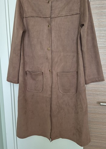 Düğmeli Bej Uzun Süet Kadın Kaban - Görsel 5