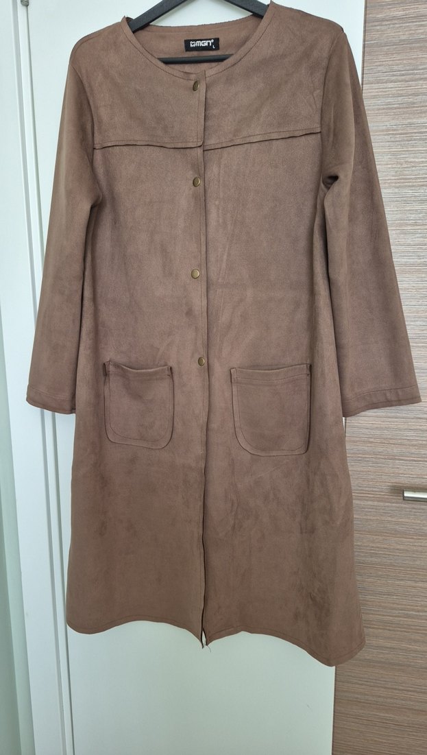 Düğmeli Bej Uzun Süet Kadın Kaban - Görsel 5