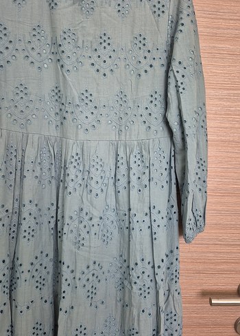 Nakışlı Gri Uzun Keten Elbise - Görsel 5