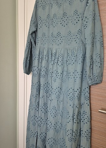 Nakışlı Gri Uzun Keten Elbise - Görsel 2