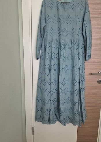 Nakışlı Gri Uzun Keten Elbise - Görsel 3