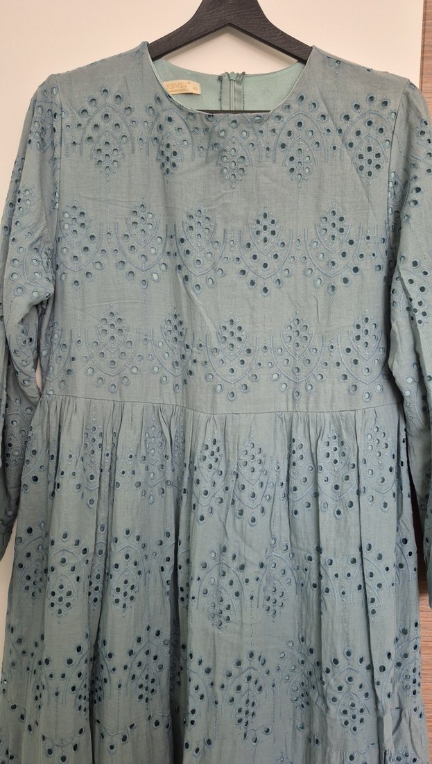 Nakışlı Gri Uzun Keten Elbise - Görsel 4