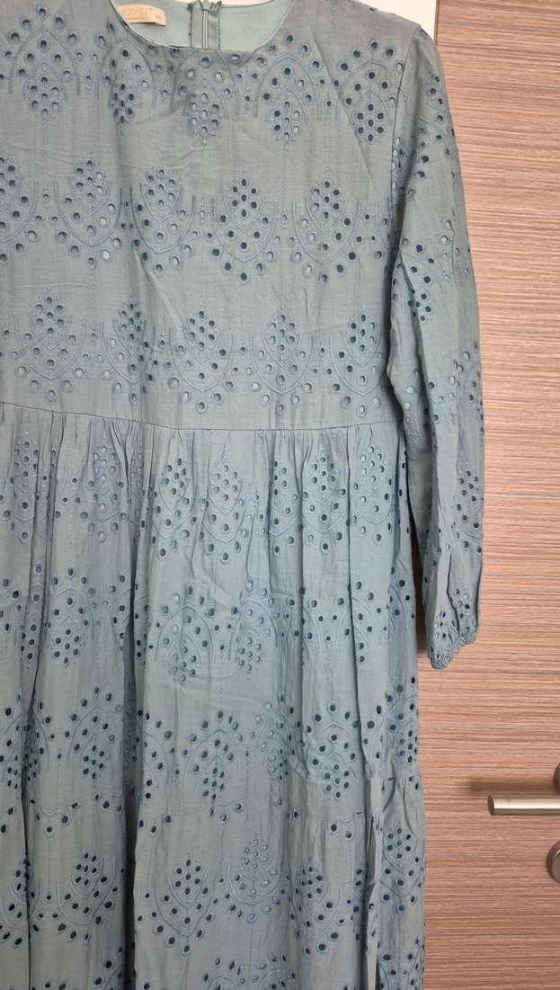 Nakışlı Gri Uzun Keten Elbise - Görsel 5