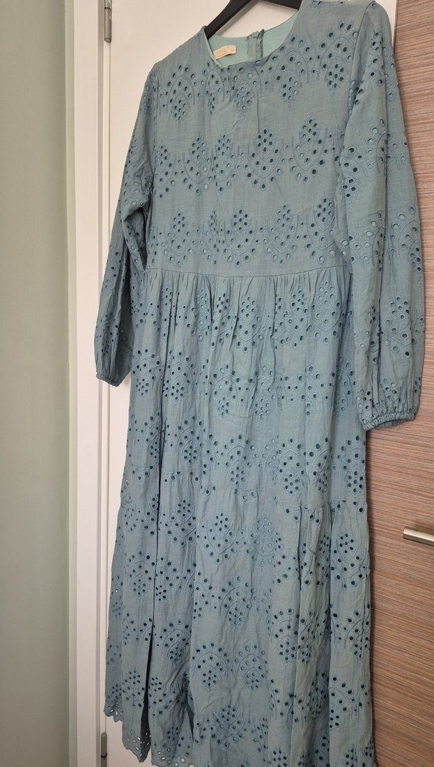 Nakışlı Gri Uzun Keten Elbise - Görsel 2