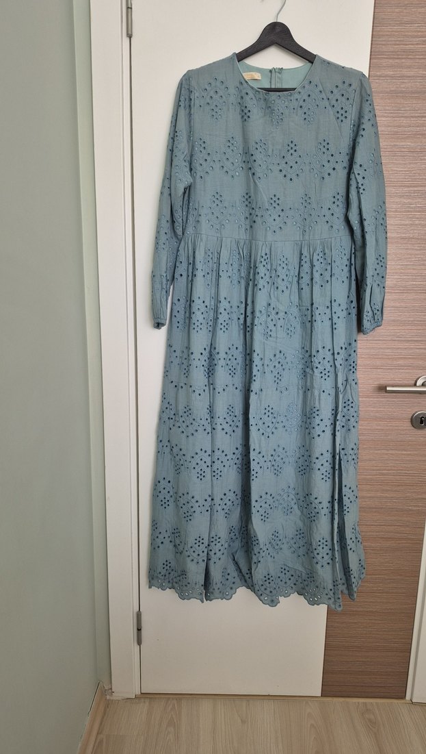 Nakışlı Gri Uzun Keten Elbise - Görsel 3