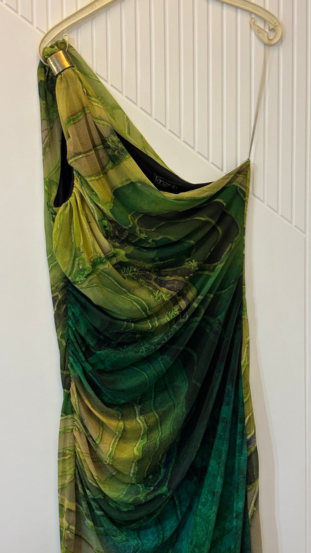 Kadın Yeşil Drapeli Uzun Askısız Elbise - Görsel 2