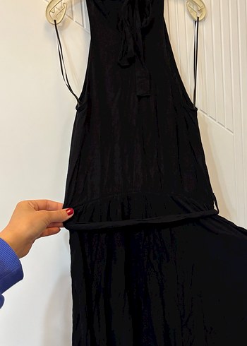 Siyah Uzun Keten Drapeli Halter Yaka Elbise - Görsel 3