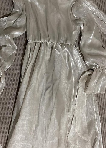 Uzun Kollu Yüksek Yakalı krem Abiye Elbise - Görsel 3