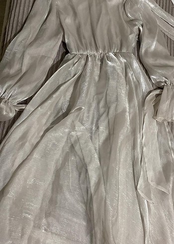 Uzun Kollu Yüksek Yakalı krem Abiye Elbise - Görsel 4