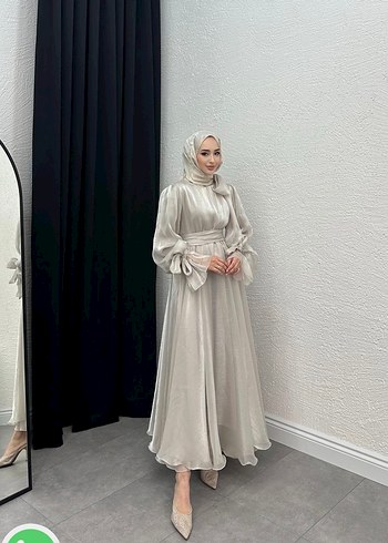 Uzun Kollu Yüksek Yakalı krem Abiye Elbise - Görsel 2