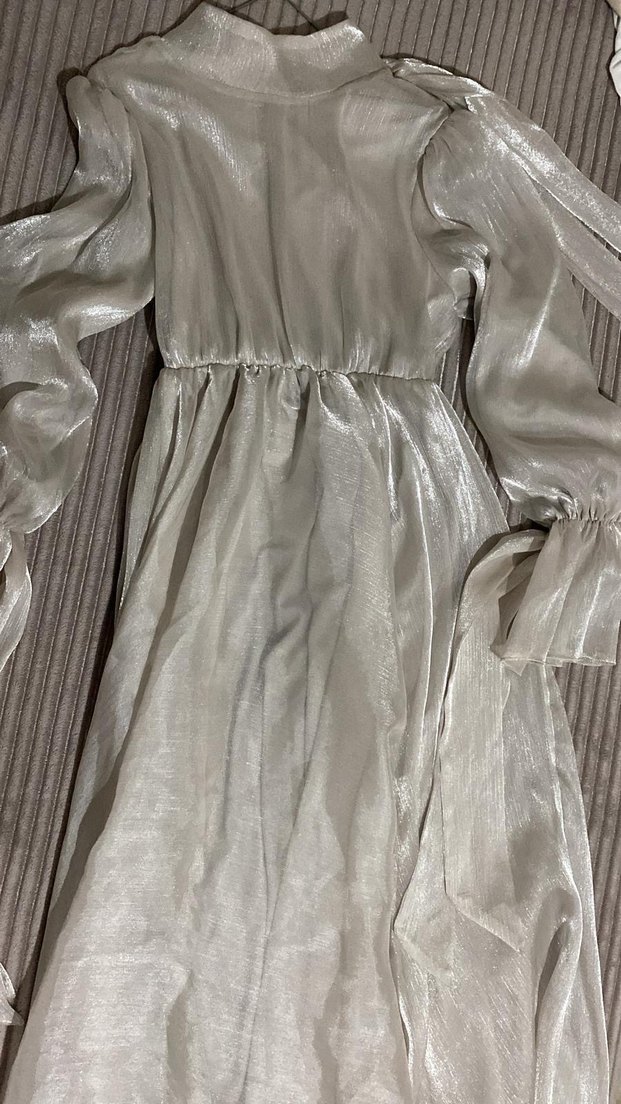 Uzun Kollu Yüksek Yakalı krem Abiye Elbise - Görsel 3