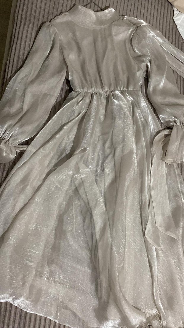 Uzun Kollu Yüksek Yakalı krem Abiye Elbise - Görsel 4