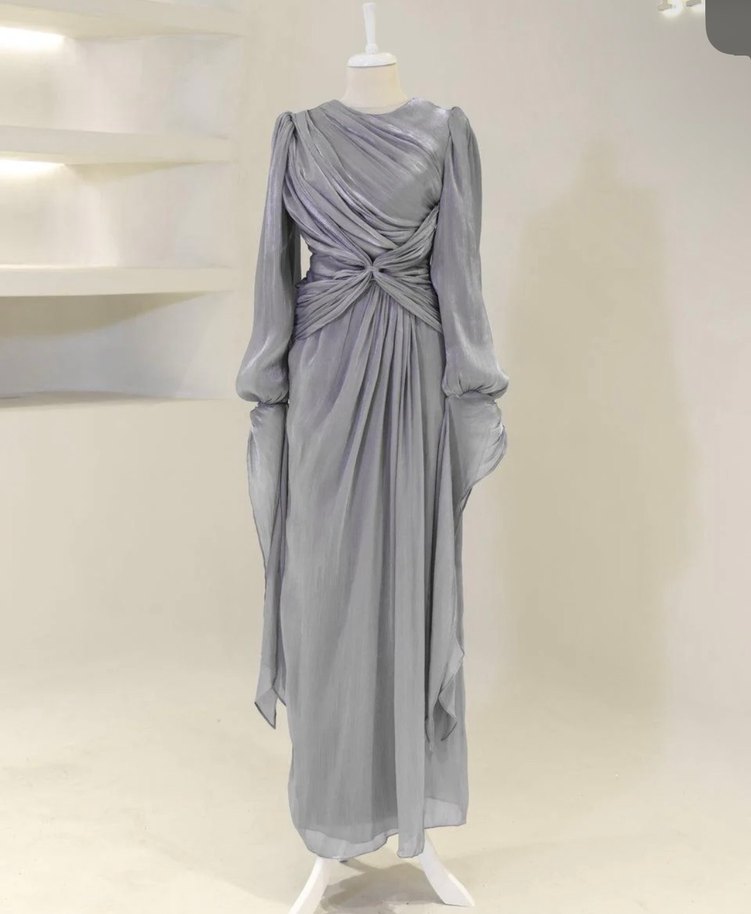 Gri Uzun Drapeli Kadın Abiye Elbise - Görsel 2